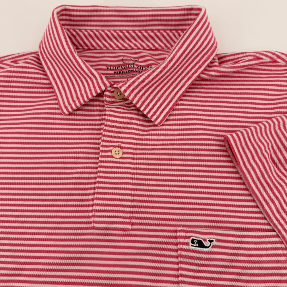 Vineyard Vines Polo Mens Large Performance Red Striped Short Sleeve Pocket Shirt